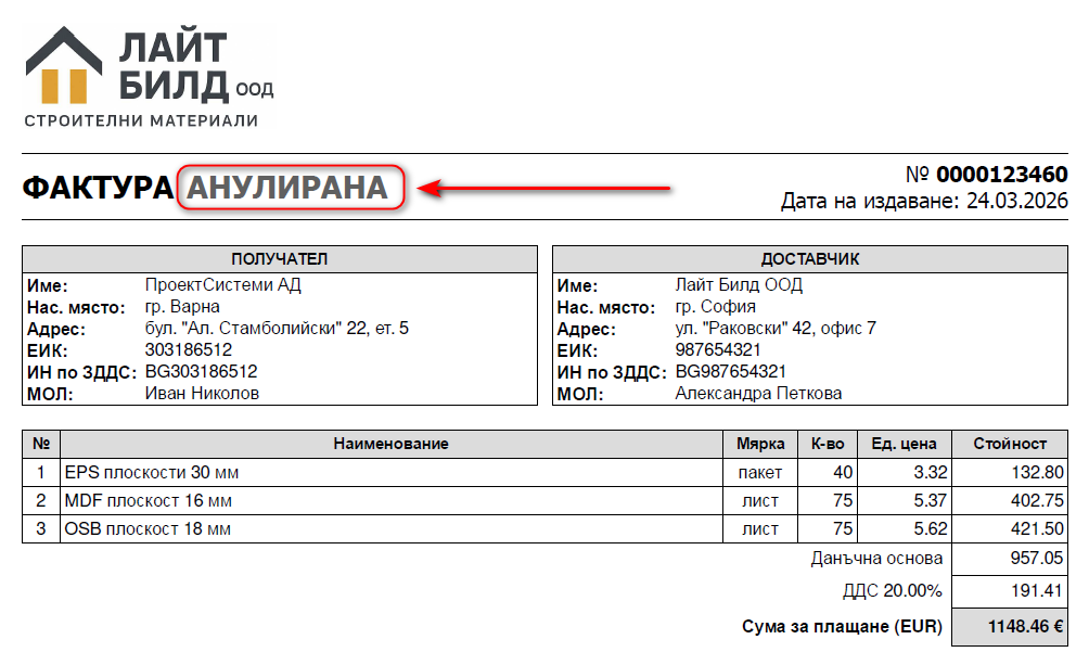 Мостра на анулирана фактура